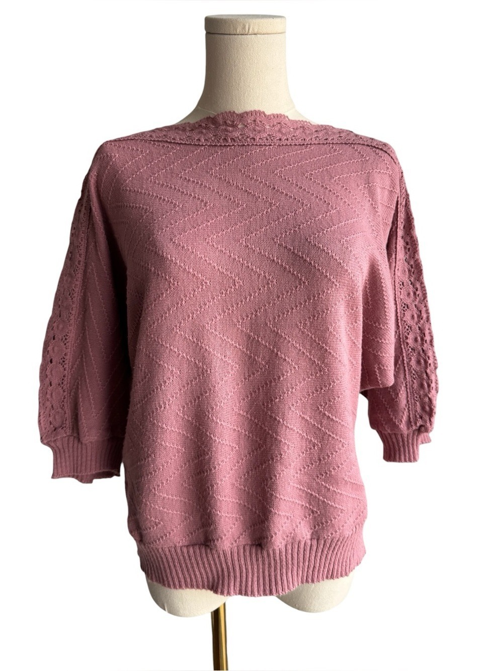 Vintage 80s 90s Pointelle Knit Sweater Top Medium Crochet Lace Batwing Boho Rose